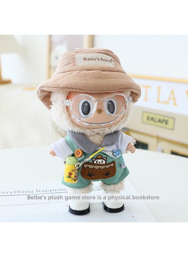 17cm Labubu Labubu Macron Vinyl Blind Box Pendant Clothes With Replacement Key Chain Doll Suit-Specifications:17cm Macaron Blind Box Clothes (excluding Baby)-Color:Gray Collar T + Green Single Overalls + Hat + Glasses + Yellow Kettle + White Uniform Shoes  - Image 1