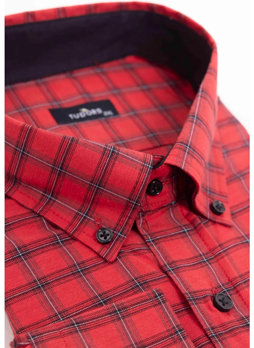 Tudors Plus Size Long Sleeve Plaid Piped Collar Button-Down Men's Shirt