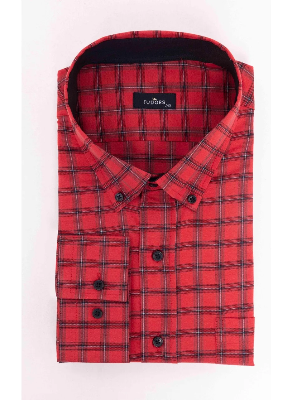 Tudors Plus Size Long Sleeve Plaid Piped Collar Button-Down Men's Shirt