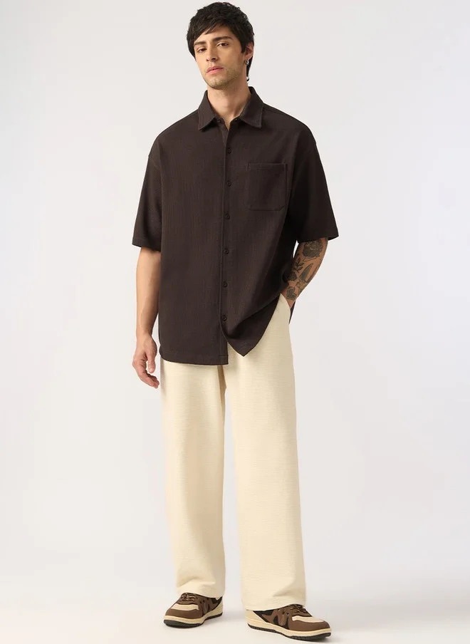 The Souled Store Men Oversized Fit Textured Coffee Brown Shirt