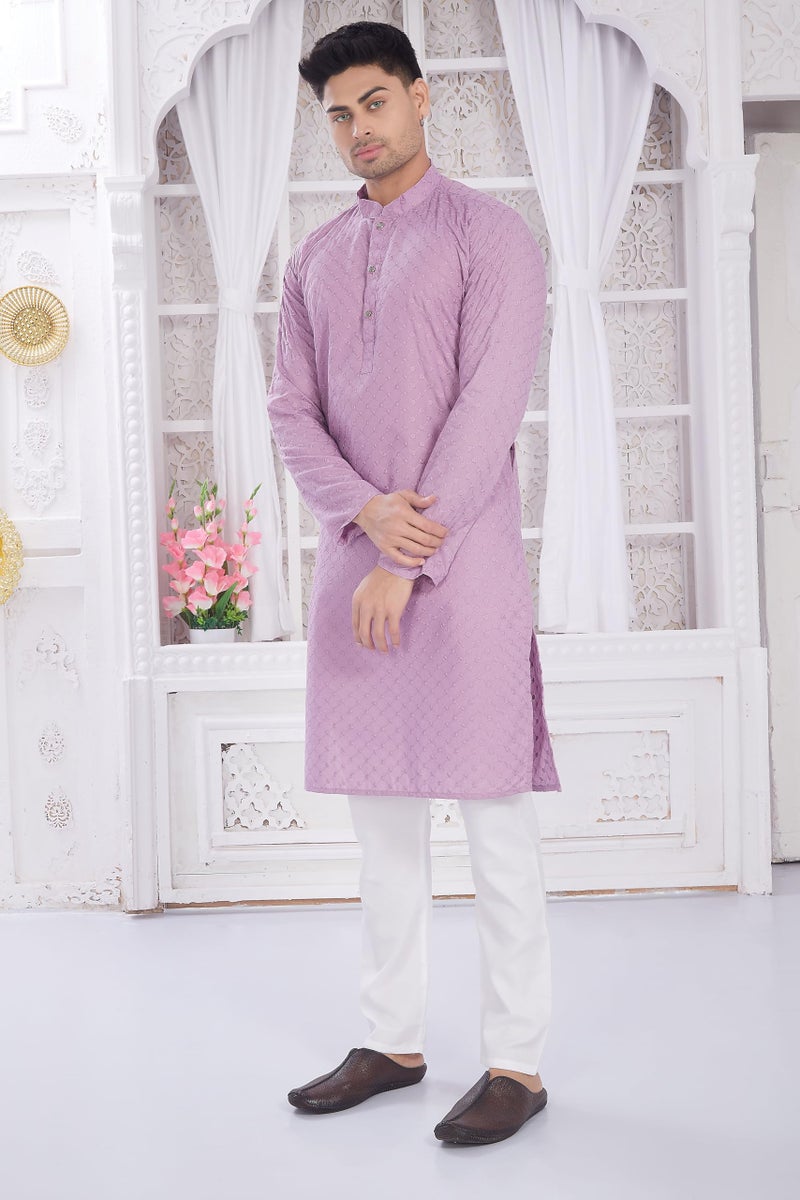 DIVISIVE Men's Thread Embroidered Cotton Only Slim Fit Kurta (DKRT636_4XL_Lavender) - Image 2