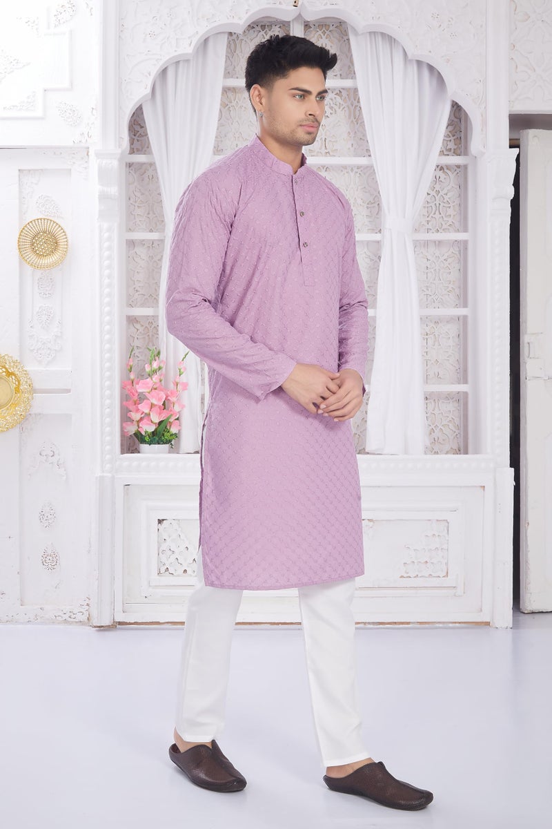 DIVISIVE Men's Thread Embroidered Cotton Only Slim Fit Kurta (DKRT636_4XL_Lavender) - Image 3