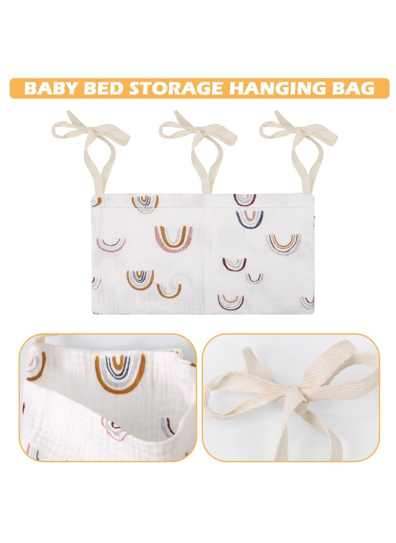 SYOSI SYOSI Hanging Storage Bag for Baby Bedside, Linen Baby Nursery Organizer, Small Baby Crib Organizer Bag with 2 Pockets, Baby Hanging Storage Bag for Bottles, Toys, Diapers and Nipples (Rainbow)  - Image 3