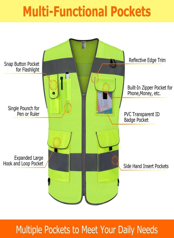 TCCFCCT Mesh Safety Vest for Men Women 9 Pockets High Visibility Vest for Safety, Reflective Vest for Construction Work, Hi Vis Vest with Reflective Strips, Meet ANSI/ISEA Standards, (Yellow, Large) - Image 3