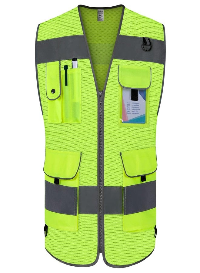 TCCFCCT Mesh Safety Vest for Men Women 9 Pockets High Visibility Vest for Safety, Reflective Vest for Construction Work, Hi Vis Vest with Reflective Strips, Meet ANSI/ISEA Standards, (Yellow, Large) - Image 1