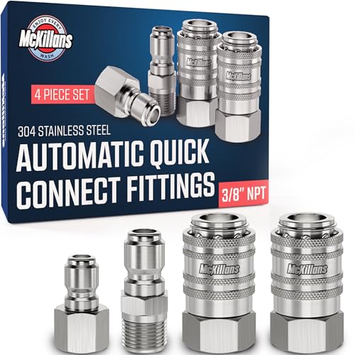 McKillans® 3/8" NPT Automatic Pressure Washer Quick Connect Kit of 4 - Stainless Steel - 3/8" Pressure Washer Quick Connect Fittings - Power Washer NPT 3/8" - PUSH-TO-CONNECT - Upgraded Viton O-Rings - Image 1