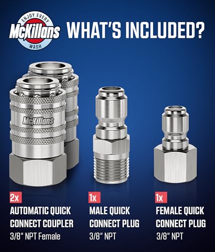 McKillans® 3/8" NPT Automatic Pressure Washer Quick Connect Kit of 4 - Stainless Steel - 3/8" Pressure Washer Quick Connect Fittings - Power Washer NPT 3/8" - PUSH-TO-CONNECT - Upgraded Viton O-Rings - Image 5