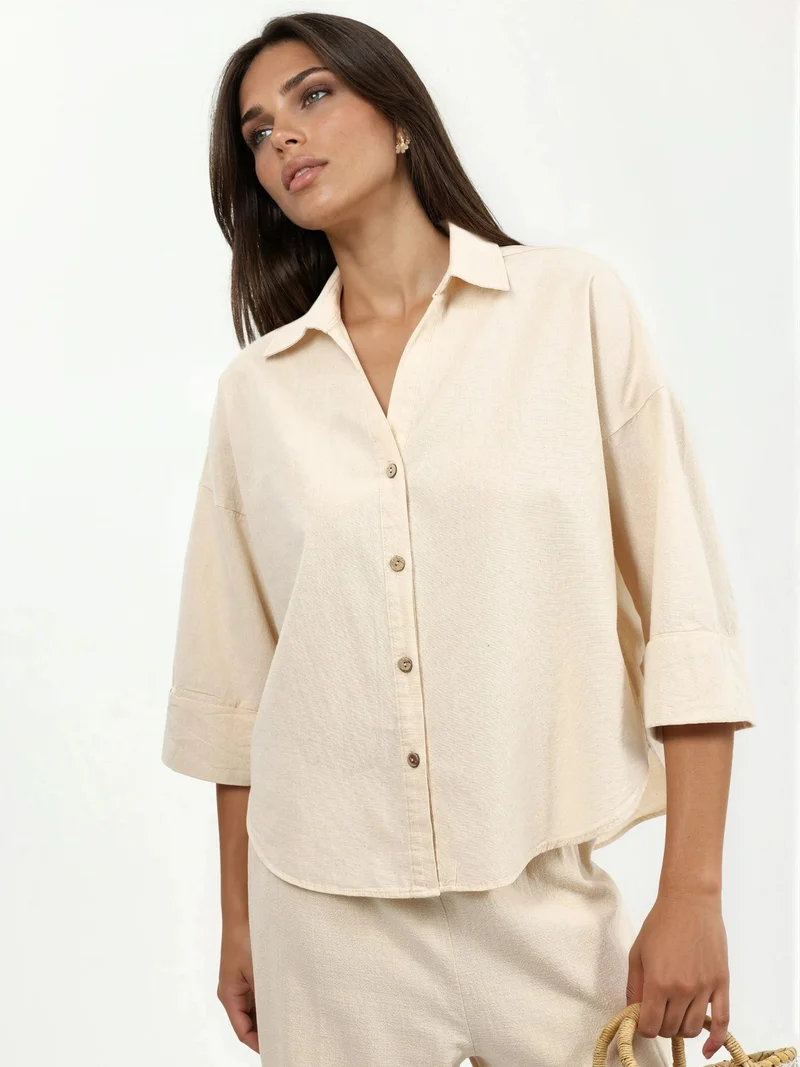 كيوستايل QU STYLE Oversized Linen Blend Button-Up Shirt