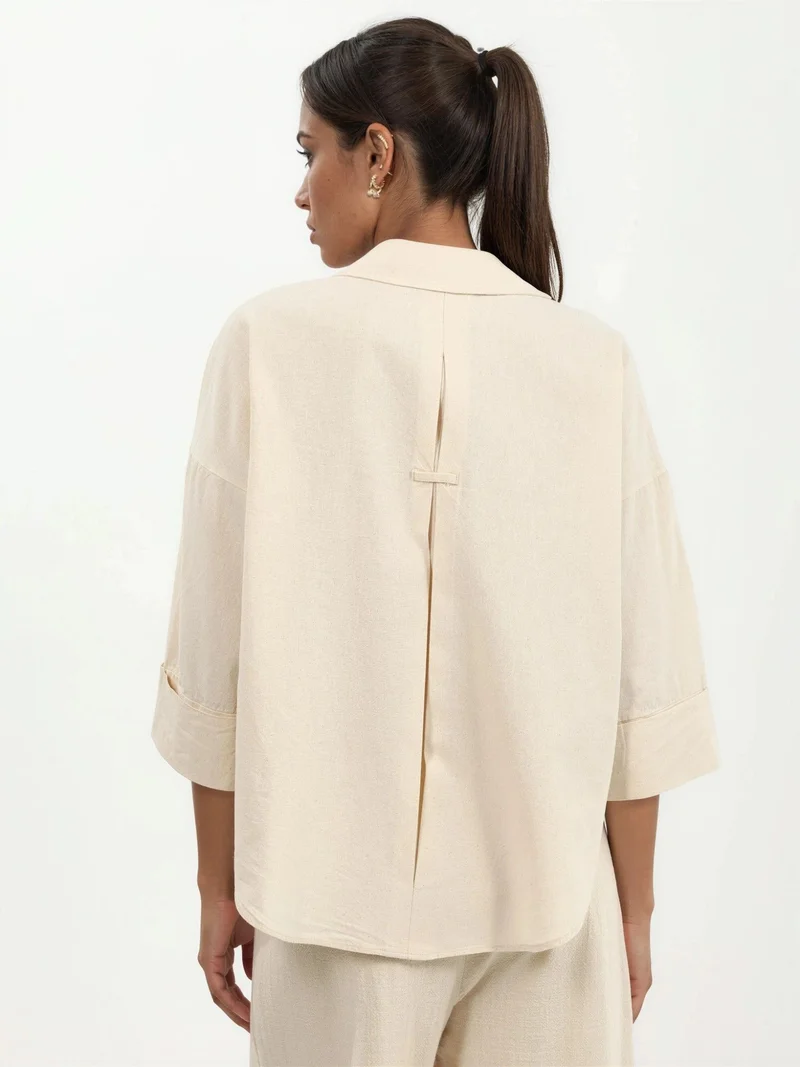 كيوستايل QU STYLE Oversized Linen Blend Button-Up Shirt