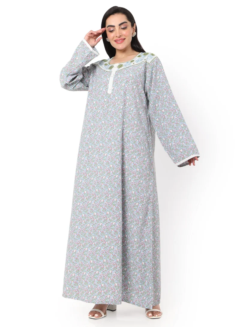 HANA & SARA MULTICOLOUR SMALL FLORAL PRINTED AND EMBROIDERD ARABIC KAFTAN JALABIYA DRESS