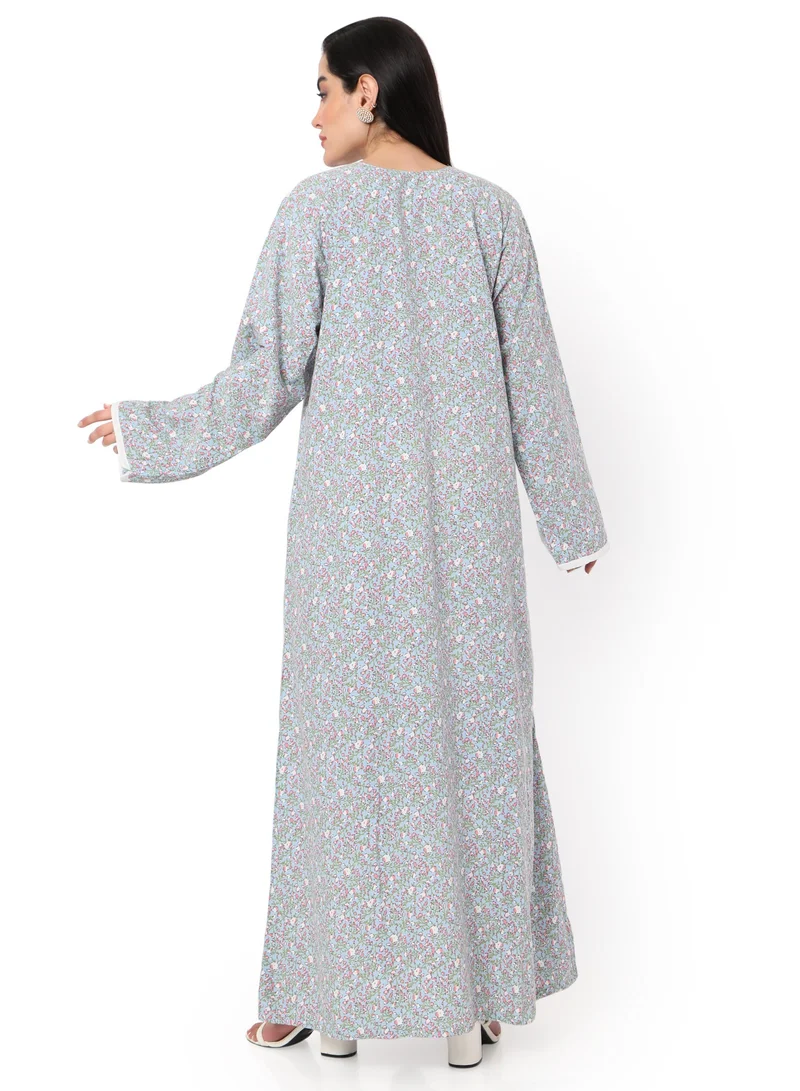 HANA & SARA MULTICOLOUR SMALL FLORAL PRINTED AND EMBROIDERD ARABIC KAFTAN JALABIYA DRESS