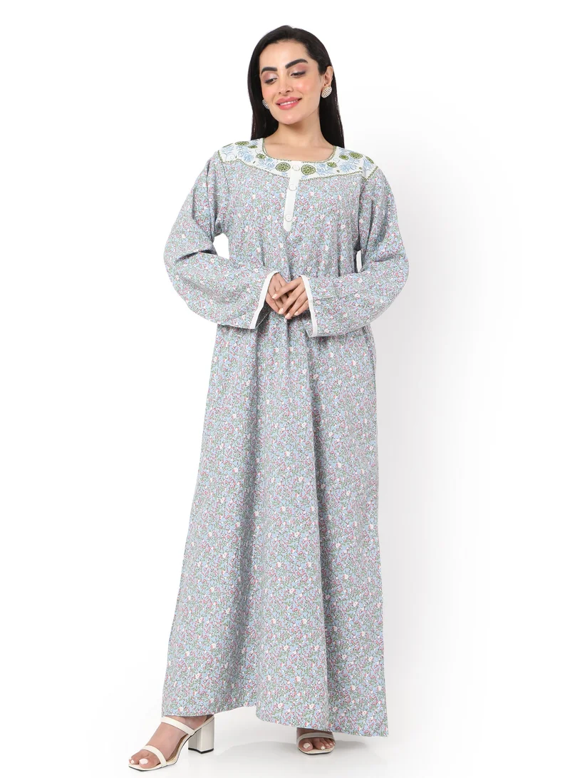 HANA & SARA MULTICOLOUR SMALL FLORAL PRINTED AND EMBROIDERD ARABIC KAFTAN JALABIYA DRESS