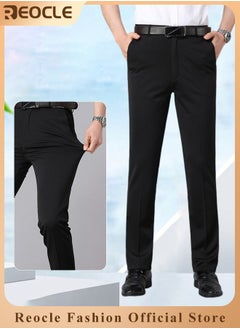 REOCLE Men's Dress Pant Classic Slim-Fit Flat-Front Suit Pant Skinny Suit Pants Gentleman Anti-wrinkle Suit Pants Summer Thin Trousers Loose Straight Fit Trousers  - Image 1