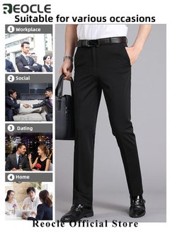 REOCLE Men's Dress Pant Classic Slim-Fit Flat-Front Suit Pant Skinny Suit Pants Gentleman Anti-wrinkle Suit Pants Summer Thin Trousers Loose Straight Fit Trousers  - Image 5