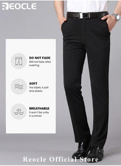REOCLE Men's Dress Pant Classic Slim-Fit Flat-Front Suit Pant Skinny Suit Pants Gentleman Anti-wrinkle Suit Pants Summer Thin Trousers Loose Straight Fit Trousers  - Image 2