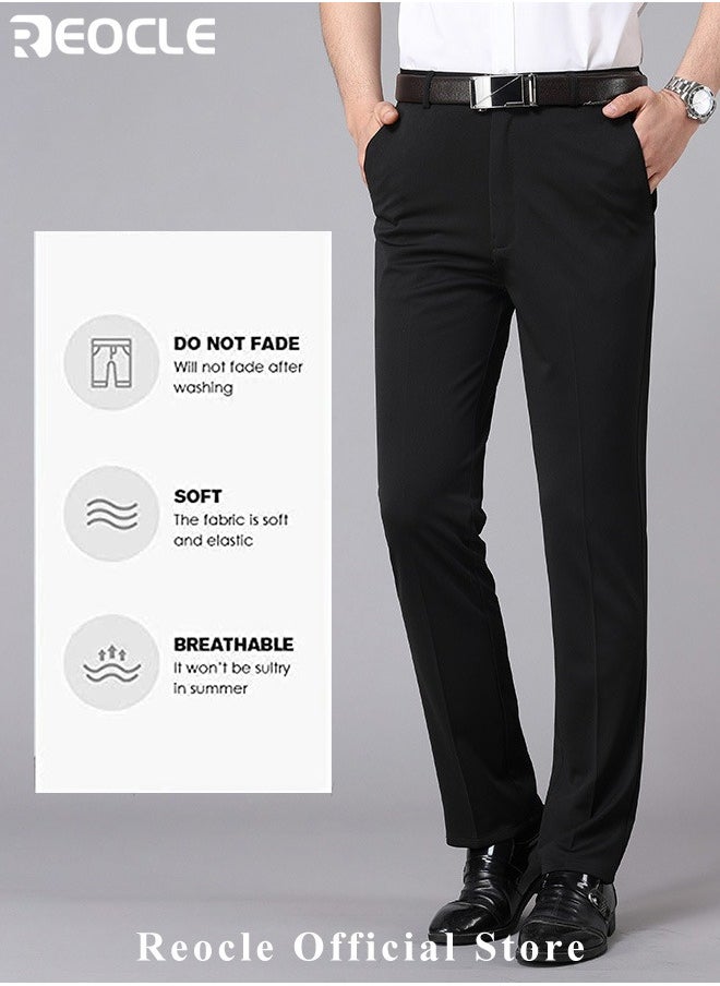 REOCLE Men's Dress Pant Classic Slim-Fit Flat-Front Suit Pant Skinny Suit Pants Gentleman Anti-wrinkle Suit Pants Summer Thin Trousers Loose Straight Fit Trousers  - Image 2