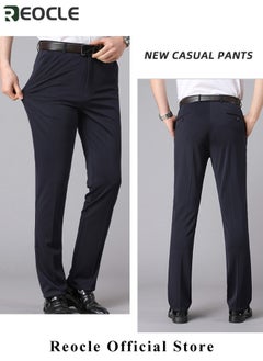 REOCLE Men's Dress Pant Classic Slim-Fit Flat-Front Suit Pant Skinny Suit Pants Gentleman Anti-wrinkle Suit Pants Summer Thin Trousers Loose Straight Fit Trousers  - Image 4