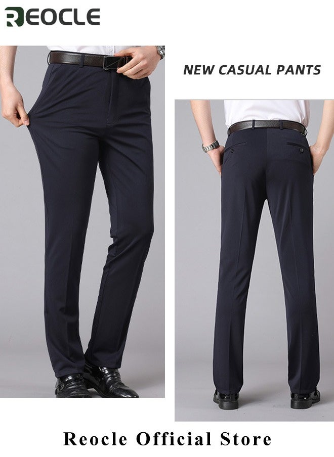 REOCLE Men's Dress Pant Classic Slim-Fit Flat-Front Suit Pant Skinny Suit Pants Gentleman Anti-wrinkle Suit Pants Summer Thin Trousers Loose Straight Fit Trousers  - Image 4