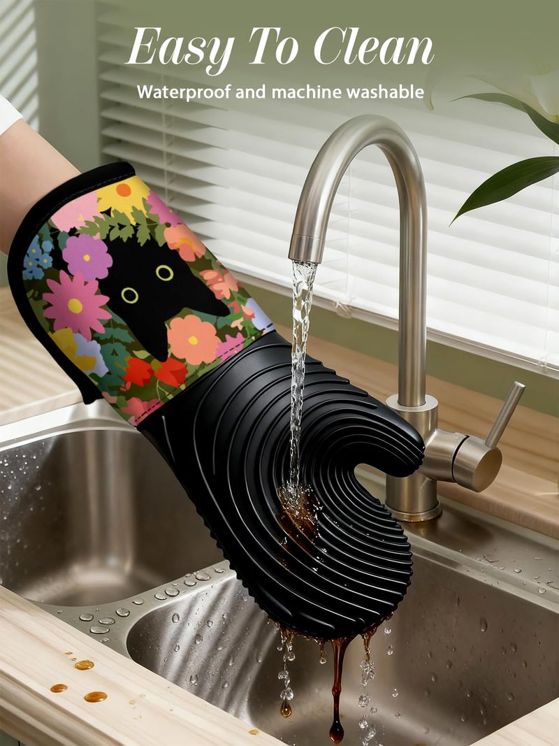 Slohif Long Silicone Oven Mitts Heat Resistant for Women - 2 Pcs Black Cat 100% Cotton Oven Gloves, Non-Slip and Waterproof Silicone Oven Mitts with Hanger for Baking and Cooking - Image 4