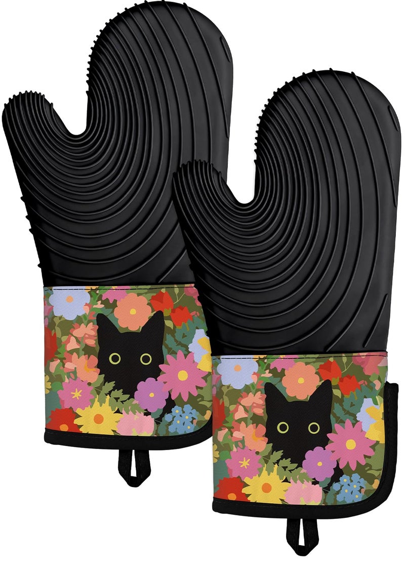 Slohif Long Silicone Oven Mitts Heat Resistant for Women - 2 Pcs Black Cat 100% Cotton Oven Gloves, Non-Slip and Waterproof Silicone Oven Mitts with Hanger for Baking and Cooking - Image 1
