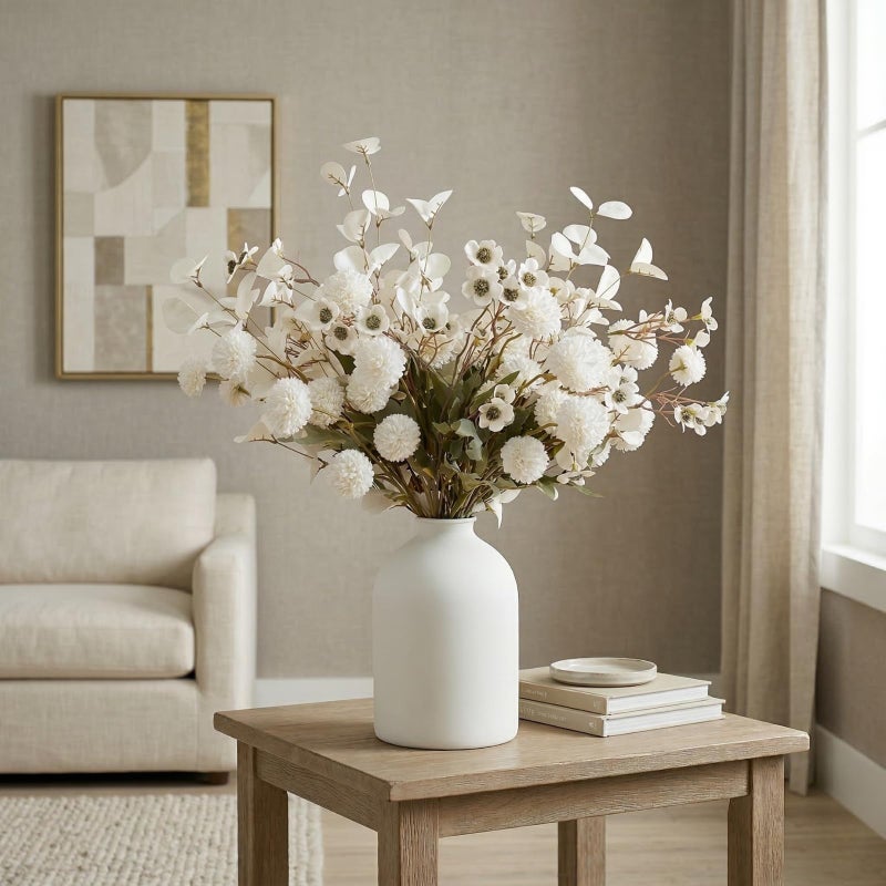 RyddeligHome 20pcs White Artificial Flowers Bulk For Vase That Look Real, White Flower Centerpiece For Table, Silk Floral Home Decor Indoor, Faux Kiku + Eucalyptus Stems + Wildflowers, Flores Blancas Artificiales - Image 3