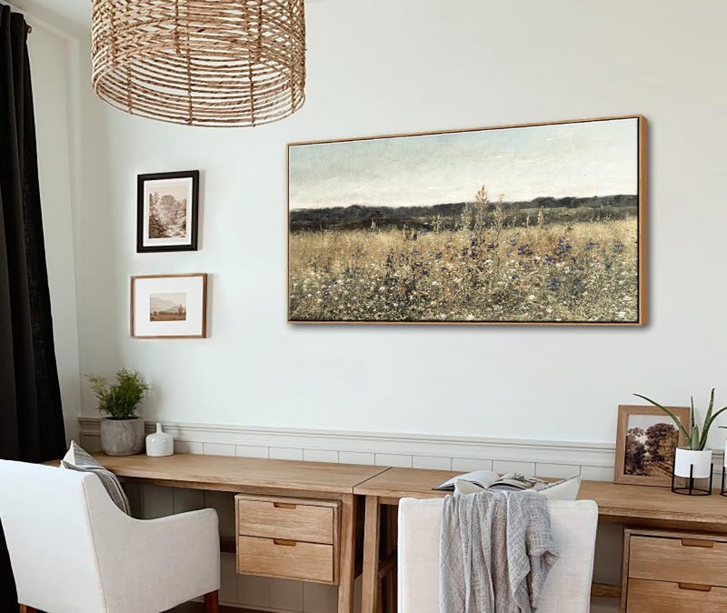 DJSYLIFE Framed Wall Art Decoration, Vintage Wildflower Field Canvas Wall Art, Classical Flowers Landscape Painting Prints, Farmhouse Cottagecore Living Room Decor, Modern Home Bedroom Decor 20"x40" - Image 4