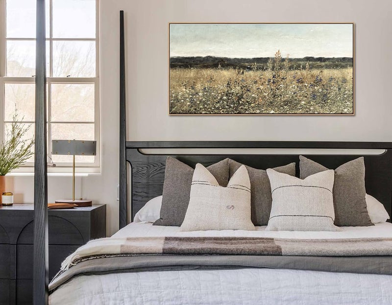 DJSYLIFE Framed Wall Art Decoration, Vintage Wildflower Field Canvas Wall Art, Classical Flowers Landscape Painting Prints, Farmhouse Cottagecore Living Room Decor, Modern Home Bedroom Decor 20"x40" - Image 3