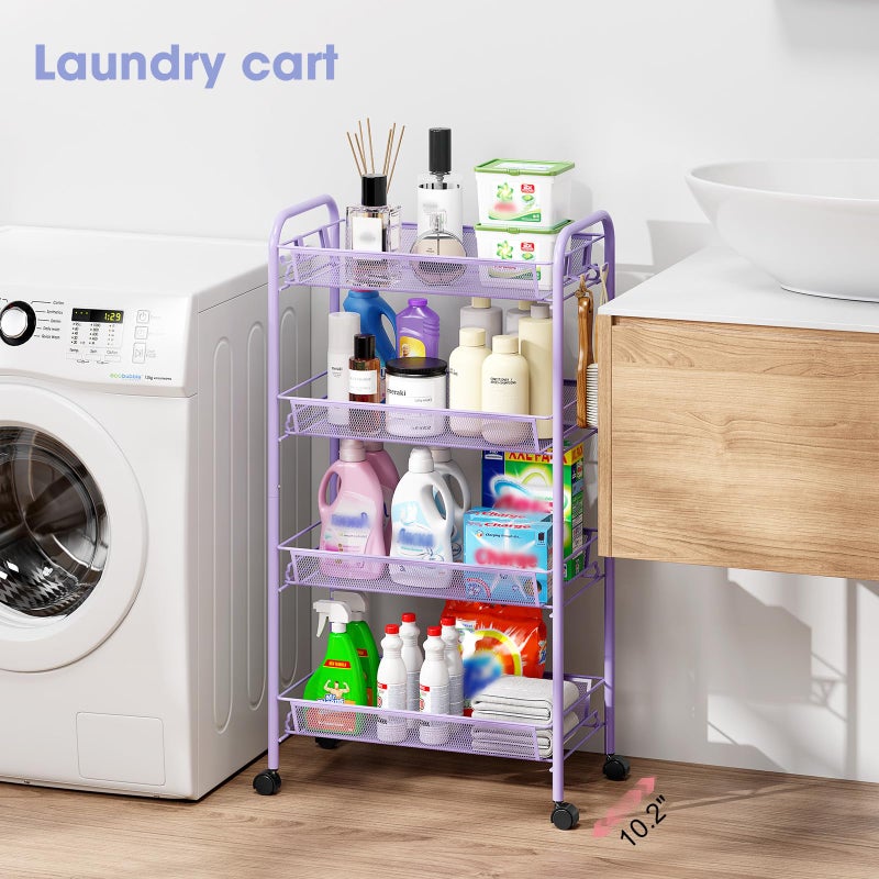 TOOLF 4-Tier Rolling Cart, Metal Utility Cart with 3 Hooks, Easy Assemble Mobile Storage Trolley On Wheels, Metal Shelving Units Kitchen Bathroom Laundry Room - Image 2