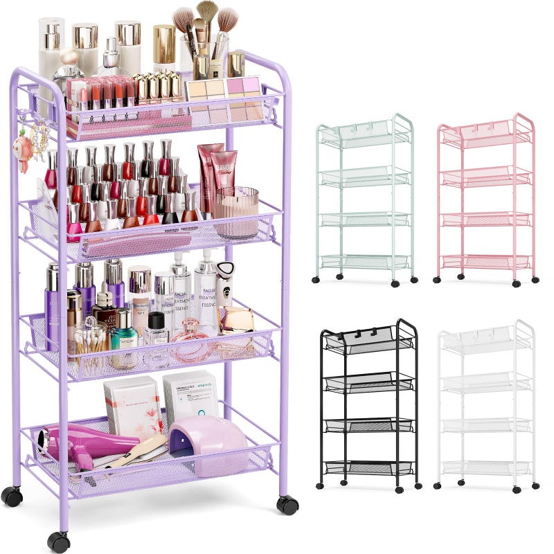 TOOLF 4-Tier Rolling Cart, Metal Utility Cart with 3 Hooks, Easy Assemble Mobile Storage Trolley On Wheels, Metal Shelving Units Kitchen Bathroom Laundry Room - Image 1