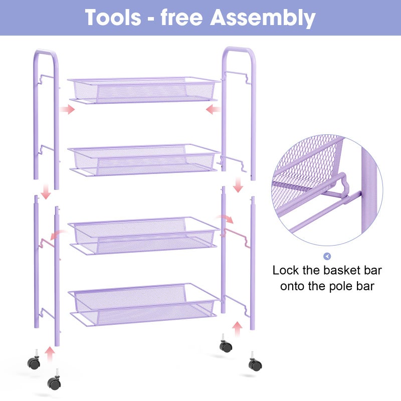 TOOLF 4-Tier Rolling Cart, Metal Utility Cart with 3 Hooks, Easy Assemble Mobile Storage Trolley On Wheels, Metal Shelving Units Kitchen Bathroom Laundry Room - Image 5