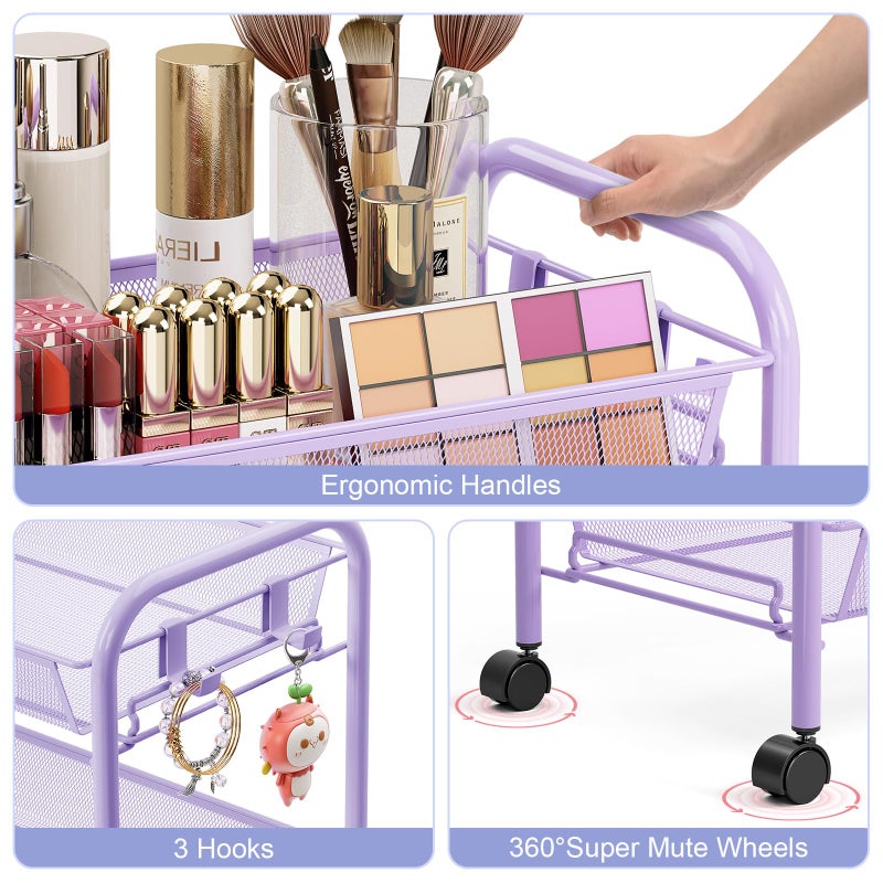 TOOLF 4-Tier Rolling Cart, Metal Utility Cart with 3 Hooks, Easy Assemble Mobile Storage Trolley On Wheels, Metal Shelving Units Kitchen Bathroom Laundry Room - Image 4