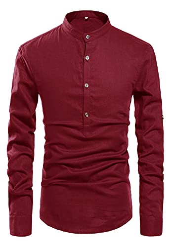 NITAGUT Men Henley Neck Long Sleeve Daily Look Linen Shirts Casual Beach T Shirts Wine Red-US L - Image 3