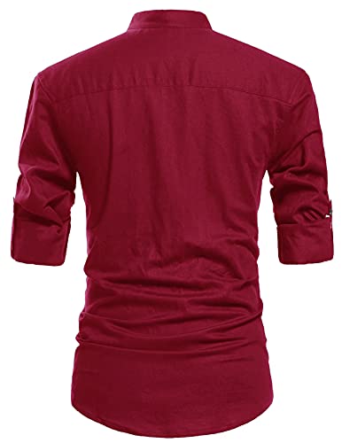 NITAGUT Men Henley Neck Long Sleeve Daily Look Linen Shirts Casual Beach T Shirts Wine Red-US L - Image 2