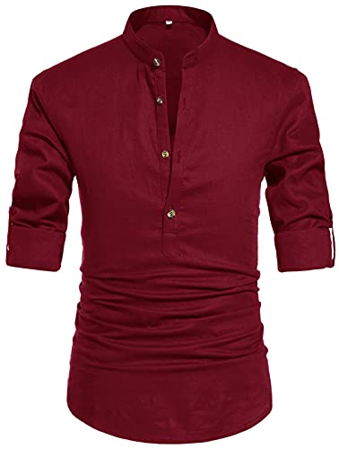 NITAGUT Men Henley Neck Long Sleeve Daily Look Linen Shirts Casual Beach T Shirts Wine Red-US L - Image 5