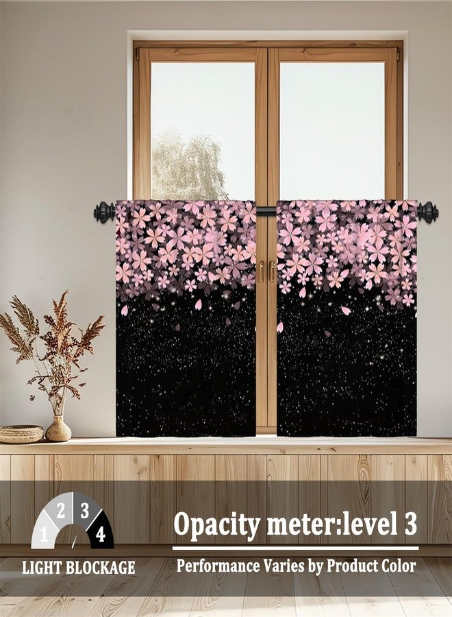 Renaiss 26 x 36 Inch Pink Cherry Blossoms Kitchen Curtains Floral Japanese Style Pink Flowers Small Short Cafe Curtains Asian Elegant Black Curtain Rod Pocket Home Treatment Drapes Tiers 2 Panels - Image 2