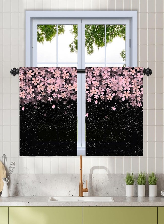 Renaiss 26 x 36 Inch Pink Cherry Blossoms Kitchen Curtains Floral Japanese Style Pink Flowers Small Short Cafe Curtains Asian Elegant Black Curtain Rod Pocket Home Treatment Drapes Tiers 2 Panels - Image 1
