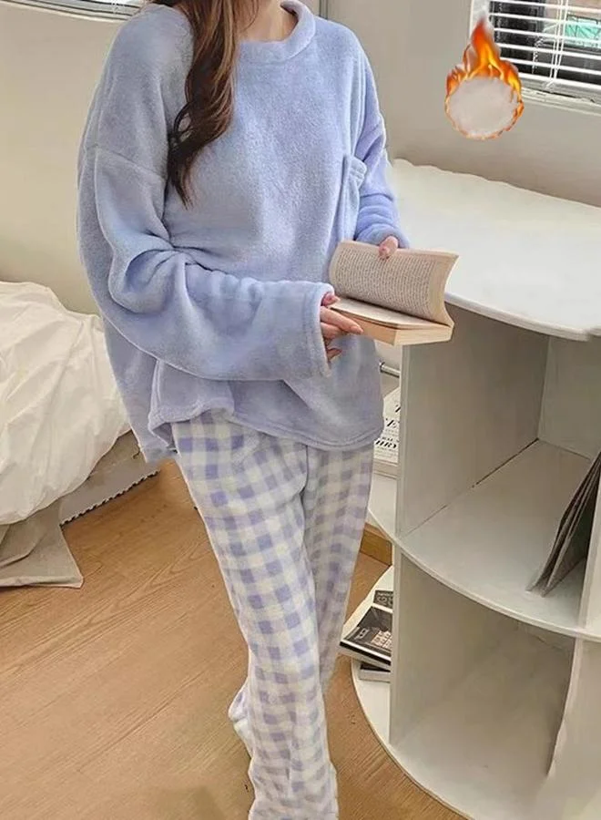 Take Two Take Two Blue Flano Pocket Detail Top and Checked Pyjama Set