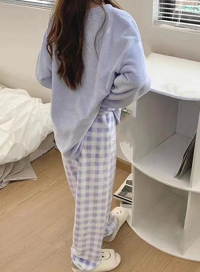 Take Two Take Two Blue Flano Pocket Detail Top and Checked Pyjama Set
