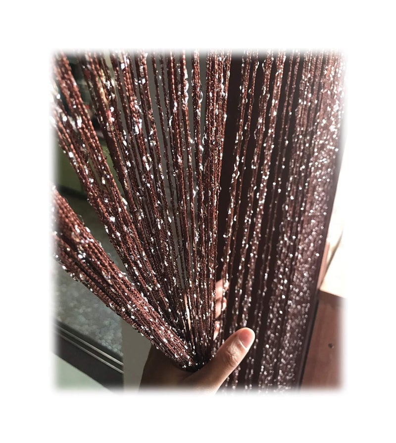 Eyotool 1x2 M Door String Curtain Rare Flat Silver Ribbon Thread Fringe Window Panel Room Divider Cute Strip Tassel for Wedding Coffee House Restaurant Parts Dark Coffee