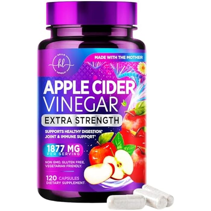 Hello Lovely! كبسولات خل التفاح 1877 ملغ - أقراص ACV بقوة إضافية مع فيتامين D3 والزنك - مكملات أقراص خل التفاح للهضم والطاقة ودعم المناعة، غير معدلة وراثيًا، معبأة في الولايات المتحدة - 120 كبسولة - Image 1