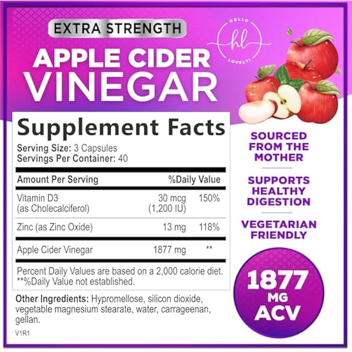 Hello Lovely! كبسولات خل التفاح 1877 ملغ - أقراص ACV بقوة إضافية مع فيتامين D3 والزنك - مكملات أقراص خل التفاح للهضم والطاقة ودعم المناعة، غير معدلة وراثيًا، معبأة في الولايات المتحدة - 120 كبسولة - Image 2