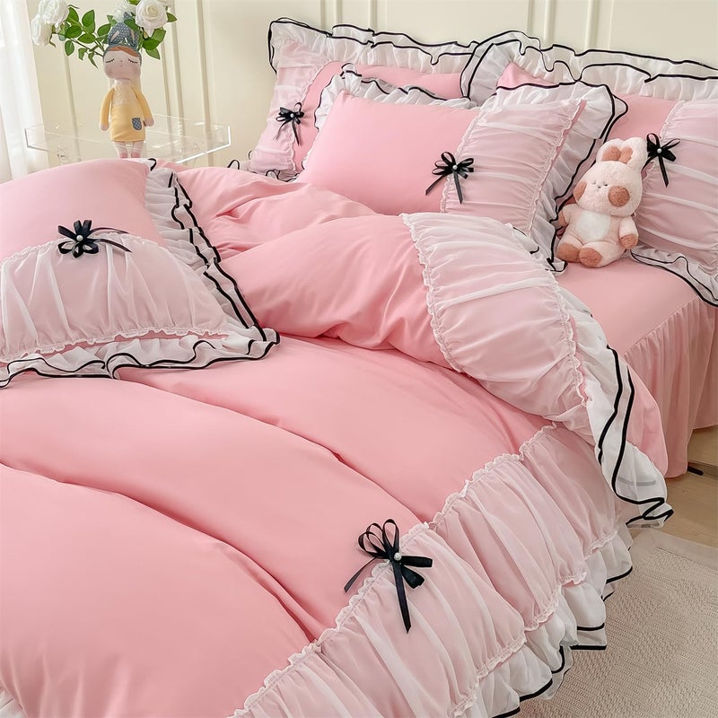 IHOUSTRIY Pink Duvet Cover Queen Size Ruffle Beddding Set with Bowtie 3 Pieces Comforter Cover Set with Zipper Closure Girl Bedding with Pillowcase Light Pink Queen
