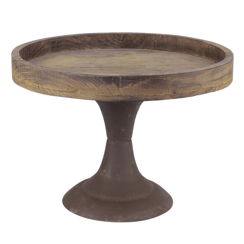 Stonebriar Stonebriar Rustic Worn Natural Wood and Metal Pedestal Tray Decorative Pillar Candle Holder For Centerpieces Mantel Decoration or Any Table Top Large 