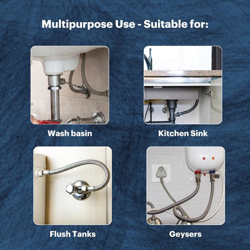 LUVBATH FITTING 12 Inch 304 Stainless Steel Connection Pipe | Pack of 2 | Leakproof, Rust-Free Flexible Hose Pipes for Geyser, Toilet, Basin & Sink, Hot Cold Mixer Faucets | Silver | 12 Inch (30 cm) - Image 2