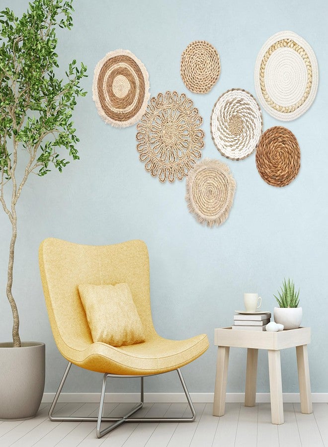 كودوهي مجموعة من 7 سلال جدارية بوهيمية، ديكور معلق من الخيزران، سلال دائرية مسطحة منسوجة من زهرة النيل وقشور الذرة، مصنوعة يدويًا بتقنية المكرمية، مناسبة لغرفة المعيشة وغرفة النوم وغرفة الطعام - لون فاتح - Image 4