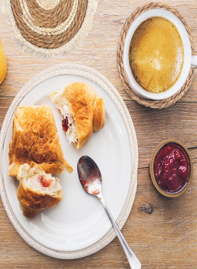 كودوهي مجموعة من 7 سلال جدارية بوهيمية، ديكور معلق من الخيزران، سلال دائرية مسطحة منسوجة من زهرة النيل وقشور الذرة، مصنوعة يدويًا بتقنية المكرمية، مناسبة لغرفة المعيشة وغرفة النوم وغرفة الطعام - لون فاتح - Image 5