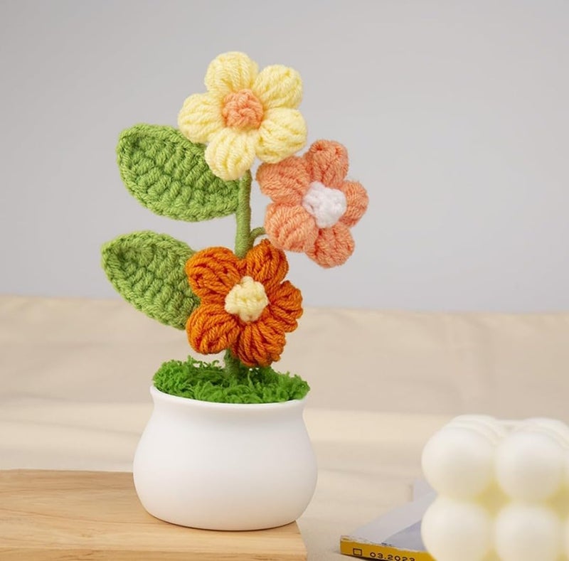 VRB DecTM 1 Pcs Crochet Flowers Artificial Daisy for Office Desk Car Dashboard Decor,Home Decoration, Office, Bedroom, Christmas Decor, Wedding,Diwali. (Triple Yellow Daisy with Pot) - Image 3