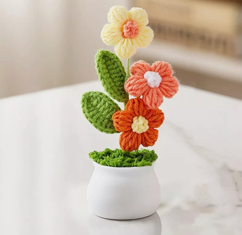 VRB DecTM 1 Pcs Crochet Flowers Artificial Daisy for Office Desk Car Dashboard Decor,Home Decoration, Office, Bedroom, Christmas Decor, Wedding,Diwali. (Triple Yellow Daisy with Pot) - Image 1
