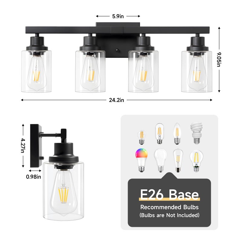 DIKAIDA 4-Light Bathroom Vanity Light, Modern Matte Black Wall Sconce Lighting with Clear Glass Shade, Bathroom Lighting Fixtures Over Mirror,Vintage Wall Mounted Lamps for Mirror Bedroom,Living Room - Image 3