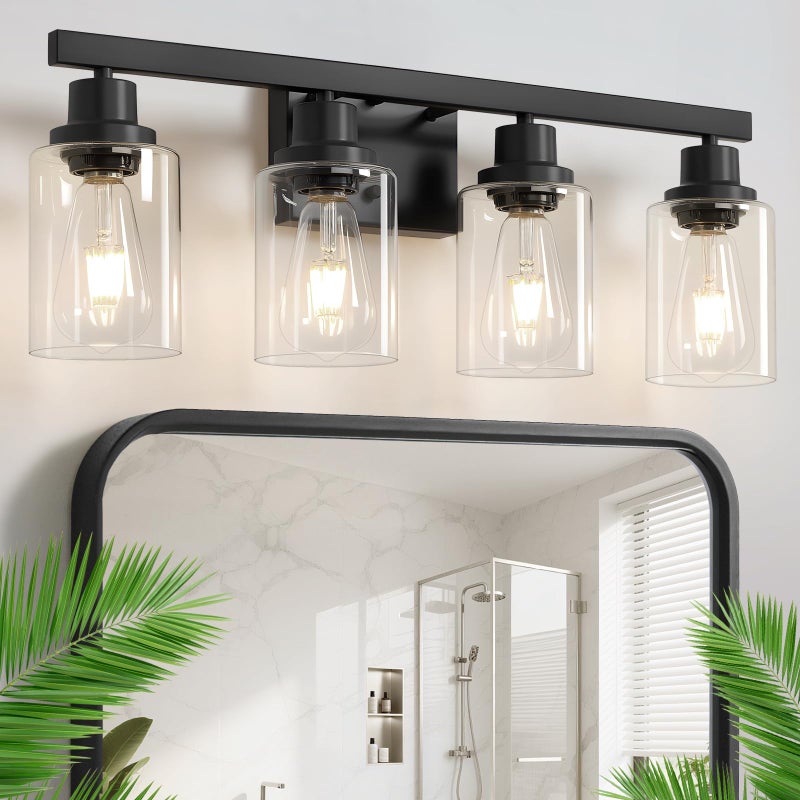 DIKAIDA 4-Light Bathroom Vanity Light, Modern Matte Black Wall Sconce Lighting with Clear Glass Shade, Bathroom Lighting Fixtures Over Mirror,Vintage Wall Mounted Lamps for Mirror Bedroom,Living Room - Image 2